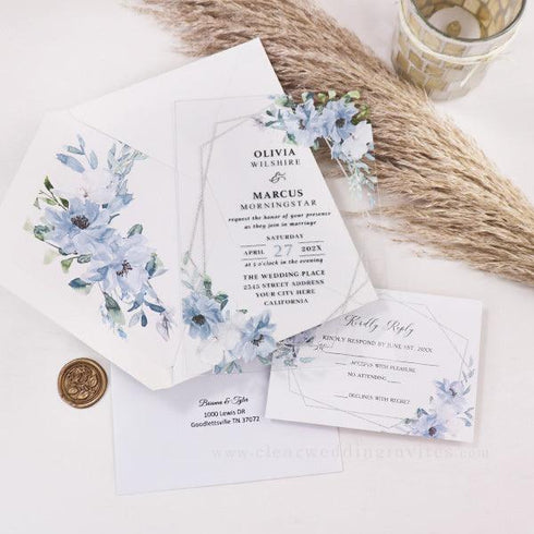 dusty blue and white floral elegant acrylic wedding invites CWIA92